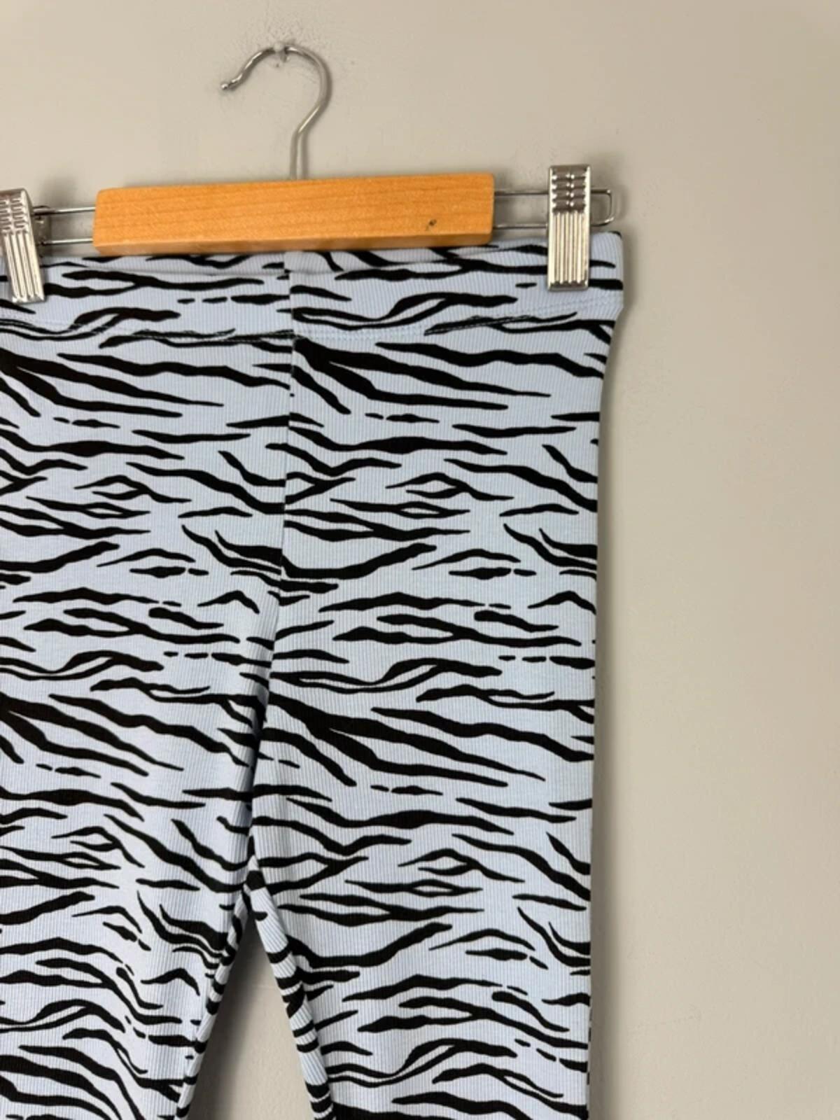 NEW Ex M&S Blue & Black Zebra Striped Ribbed Flared Leggings - Girls 6-7 Years
