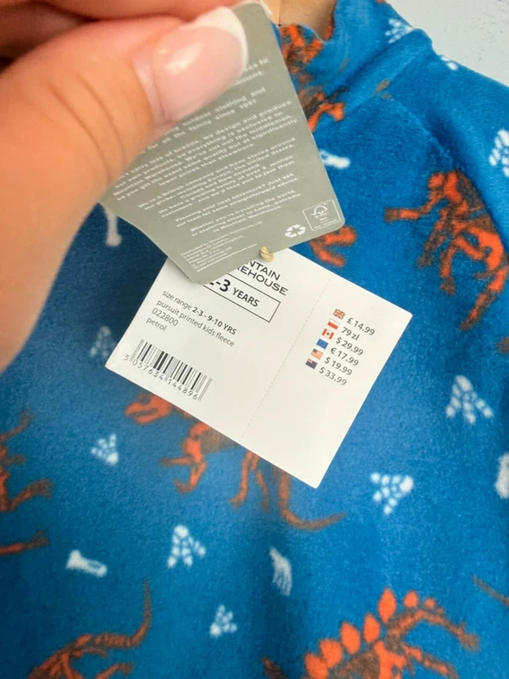 NEW Mountain Warehouse Blue Dinosaur Quarter Zip Fleece - Boys 2-3 Years