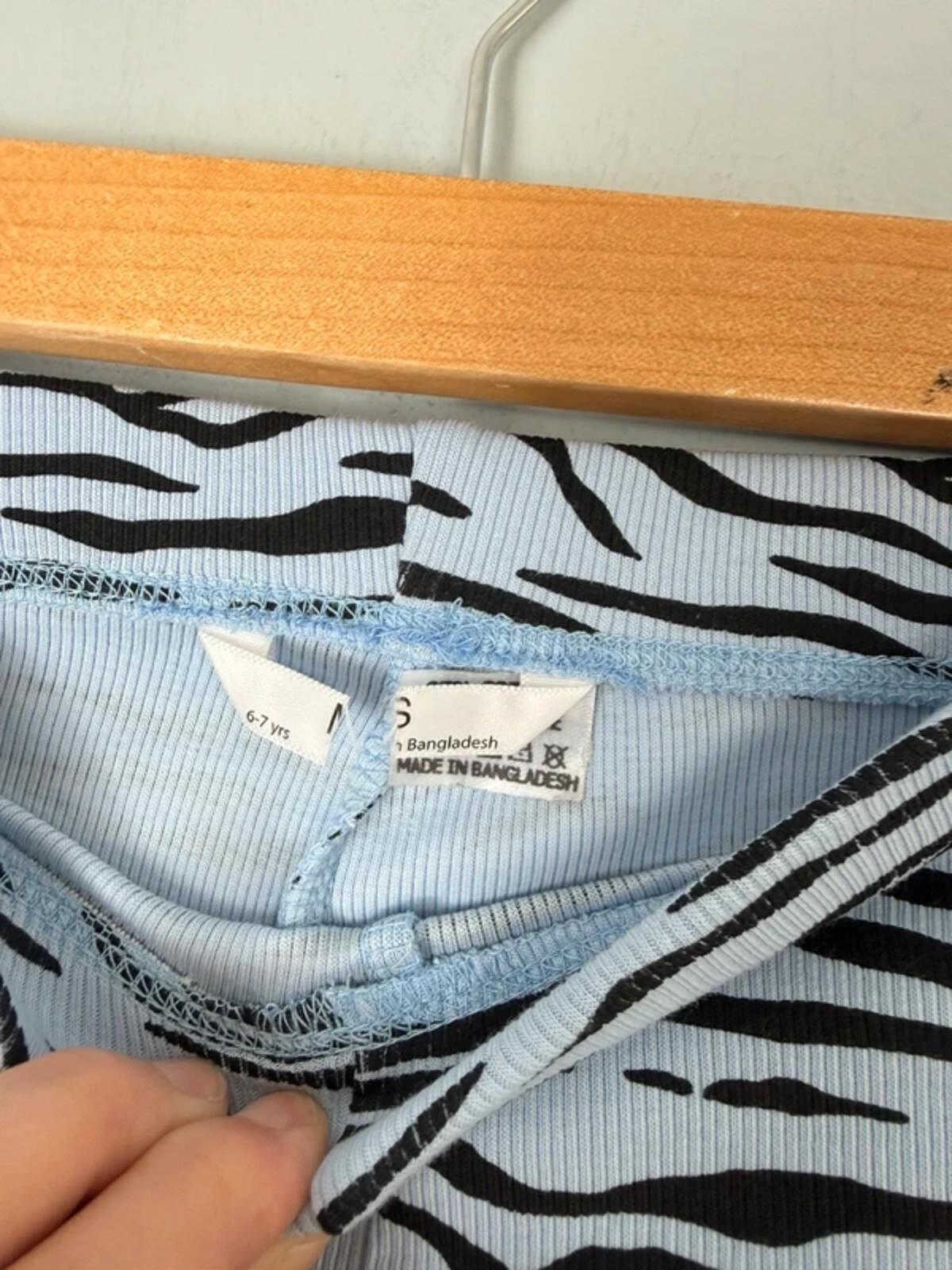 NEW Ex M&S Blue & Black Zebra Striped Ribbed Flared Leggings - Girls 6-7 Years