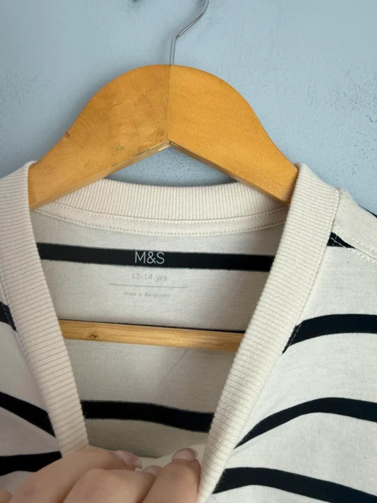 NEW Ex M&S 100% Cotton Black & Cream Short Sleeve Top - Girls Boys 13-14 Years