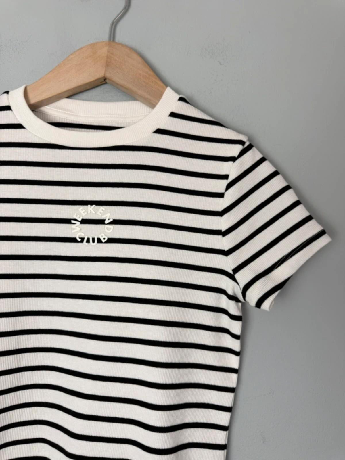 NEW Ex M&S Weekend Club Striped Ribbed Short Sleeve Top - Girls 10-11 Years