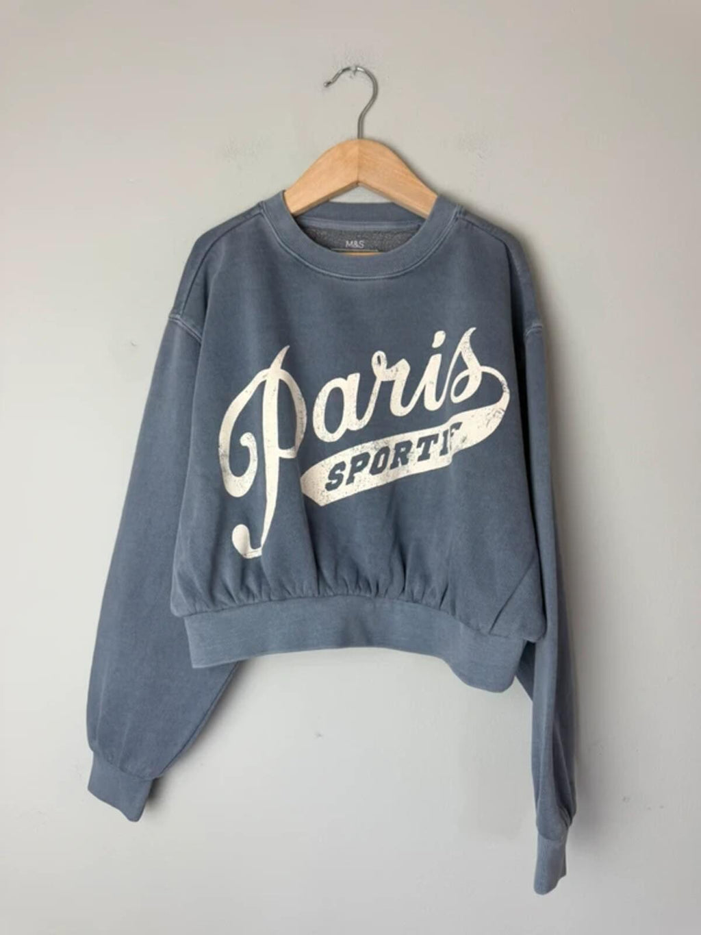 NEW Ex M&S Cotton Rich Paris Blue Cropped Sweater Jumper - Girls 9-10 Years