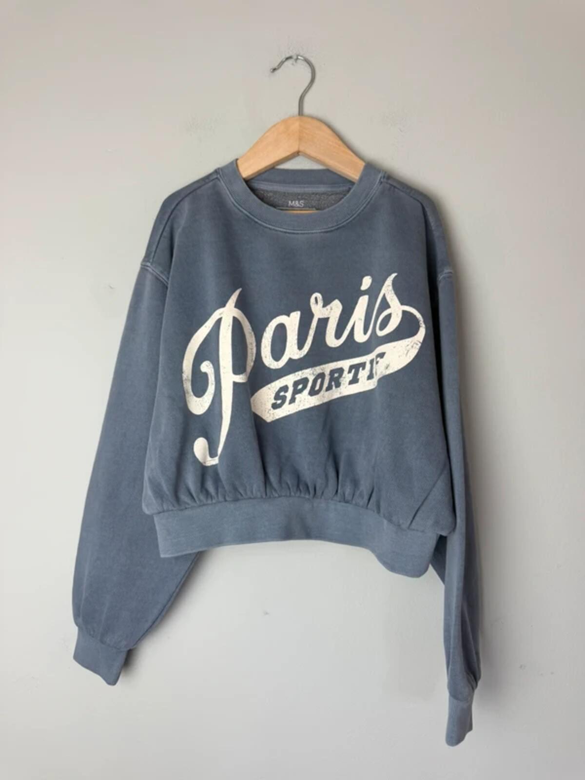 NEW Ex M&S Cotton Rich Paris Blue Cropped Sweater Jumper - Girls 9-10 Years