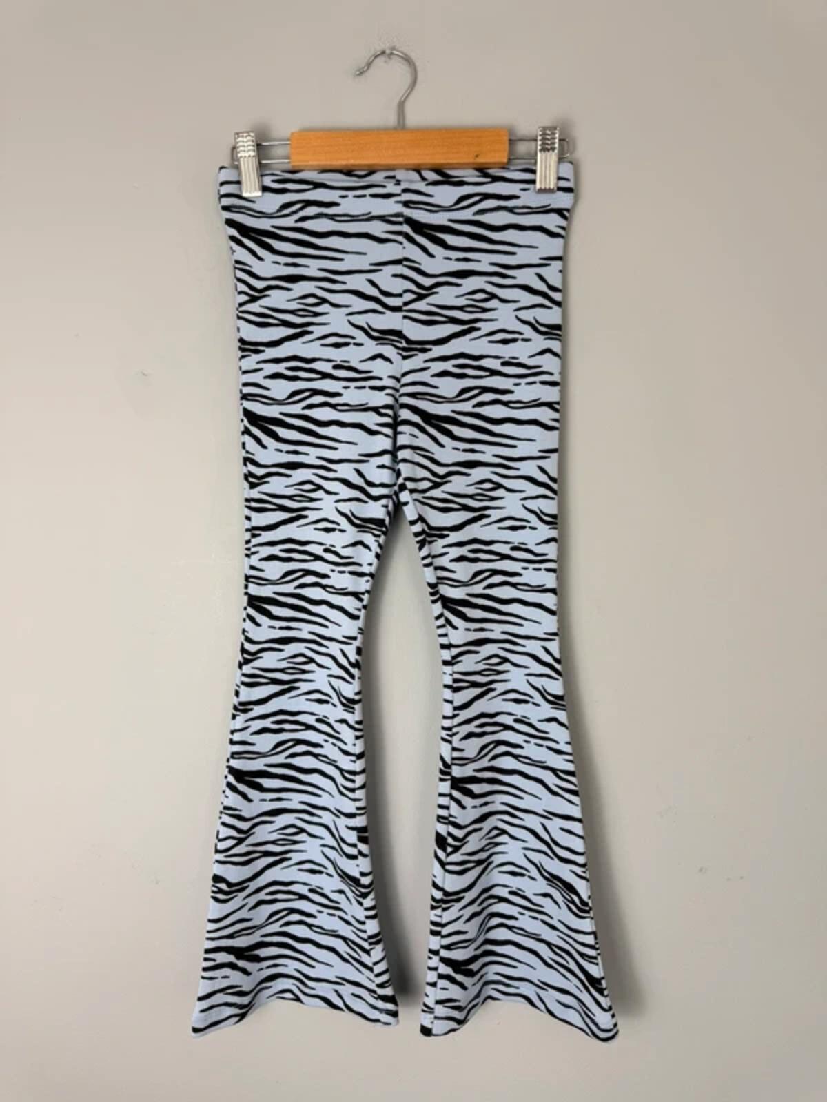 NEW Ex M&S Blue & Black Zebra Striped Ribbed Flared Leggings - Girls 6-7 Years