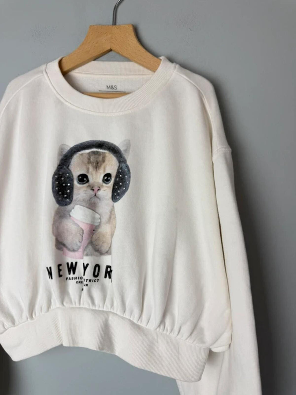 NEW Ex M&S Cream Kitten Cropped Sweater Jumper - Girls 9-10 Years