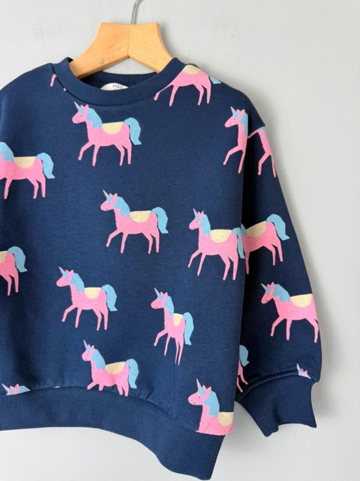 NEW Ex M&S Navy & Pink Unicorn Jumper Sweatshirt - Girls 3-4 Years