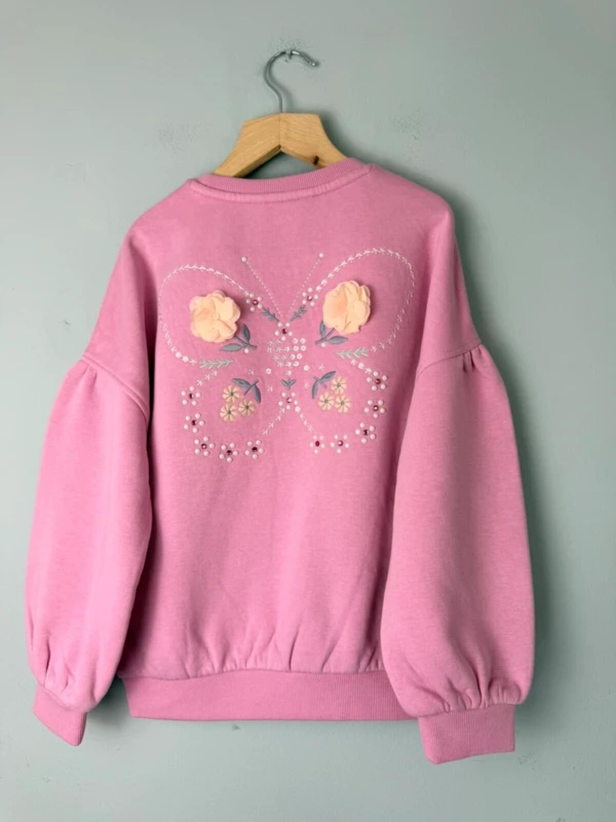 NEW Ex M&S Pink Floral Butterfly Sweatshirt Jumper - Girls 7-8 Years