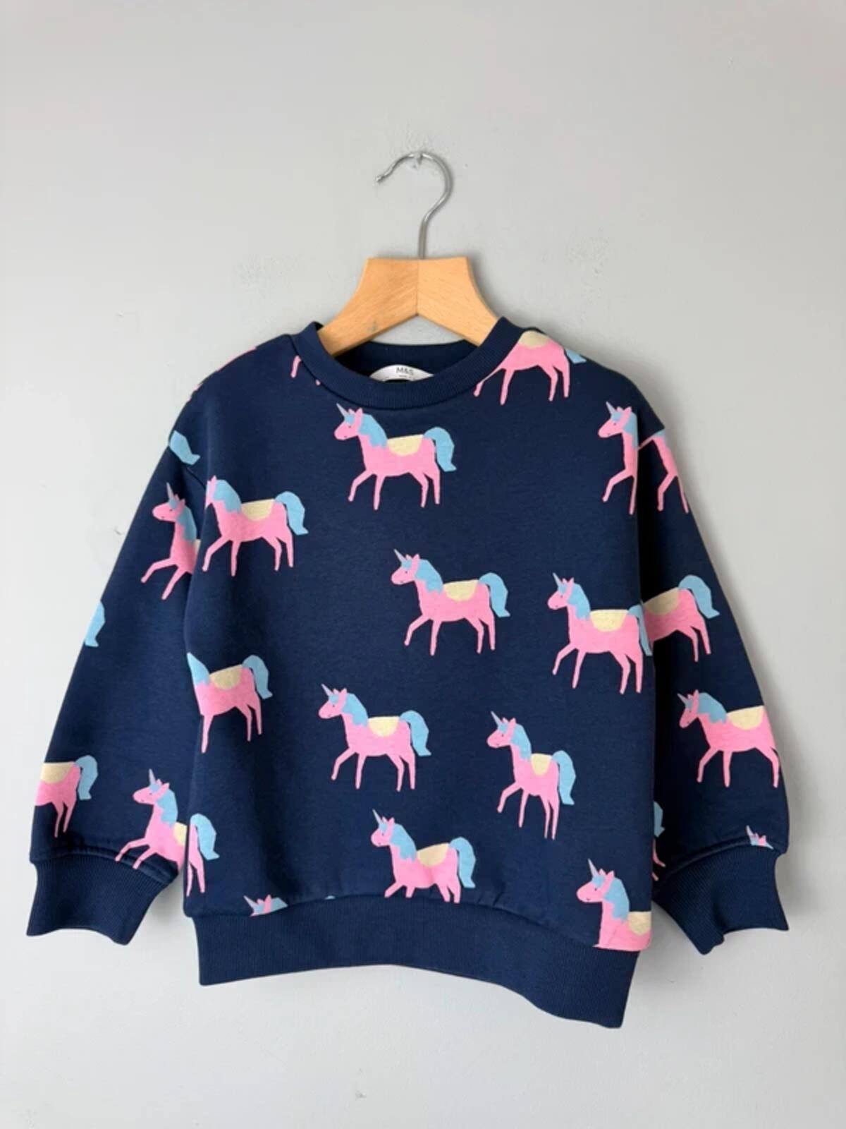 NEW Ex M&S Navy & Pink Unicorn Jumper Sweatshirt - Girls 3-4 Years