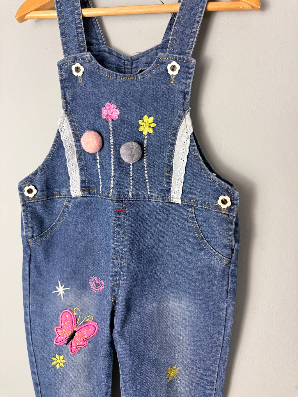 JFDX Denim Butterfly Dungarees - Girls 9 - 12 Months - Discounted high street clothing for children, ladies and men including everyday wear and seasonal styles. UK online