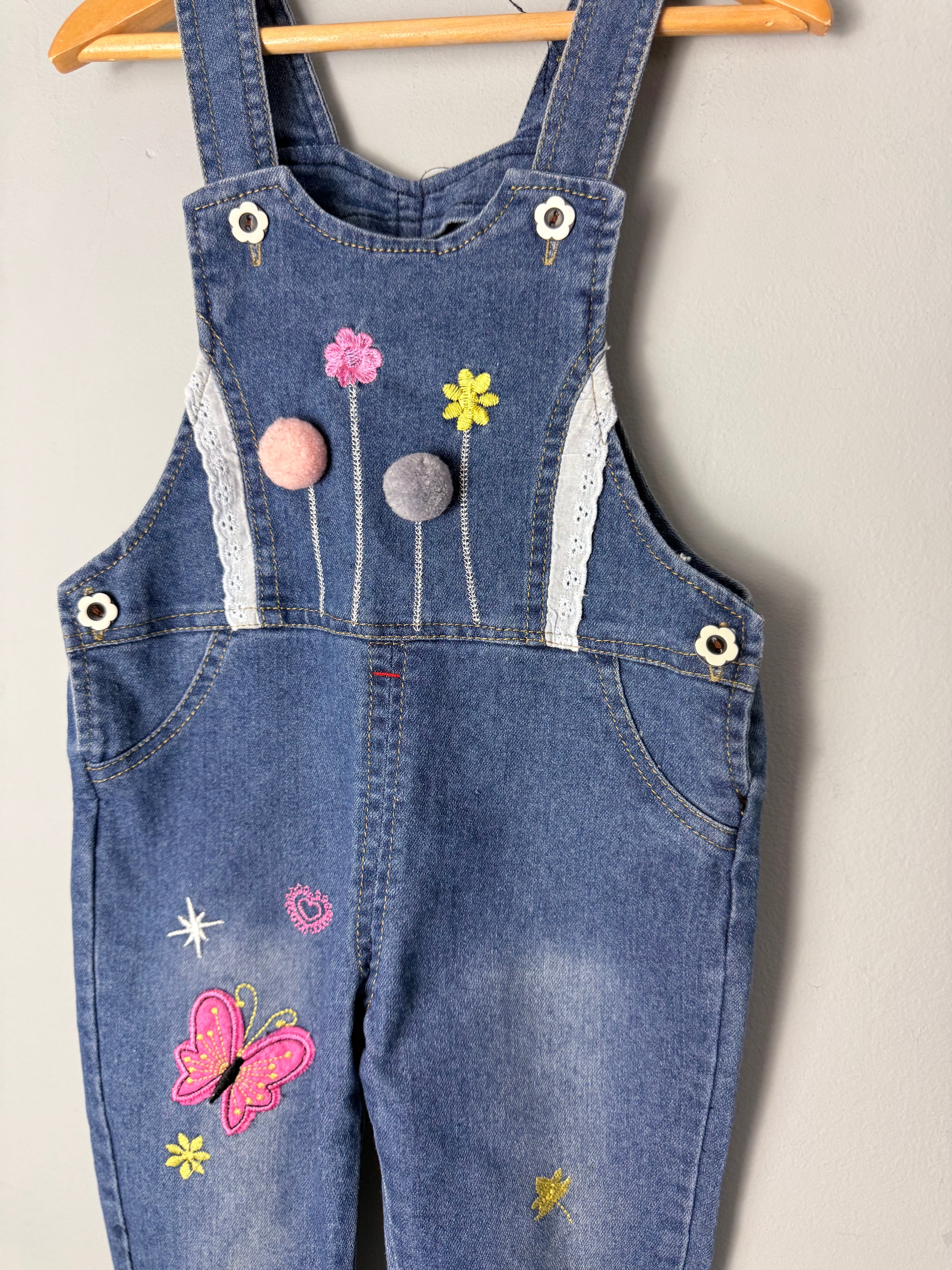 JFDX Denim Butterfly Dungarees - Girls 9 - 12 Months - Discounted high street clothing for children, ladies and men including everyday wear and seasonal styles. UK online