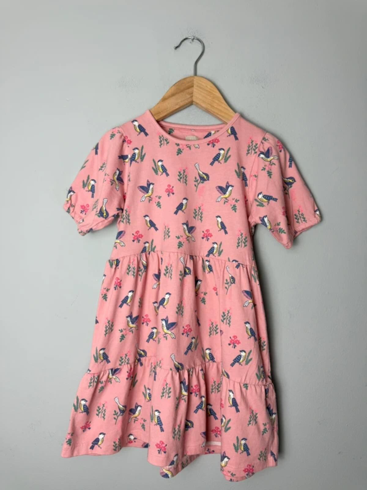 John Lewis Pink Floral Bird Short Sleeve Tiered Dress - Girls 5 Years - Discounted high street clothing for children, ladies and men including everyday wear and seasonal styles. UK online
