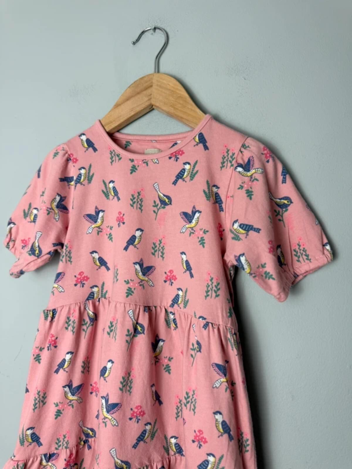 John Lewis Pink Floral Bird Short Sleeve Tiered Dress - Girls 5 Years - Discounted high street clothing for children, ladies and men including everyday wear and seasonal styles. UK online