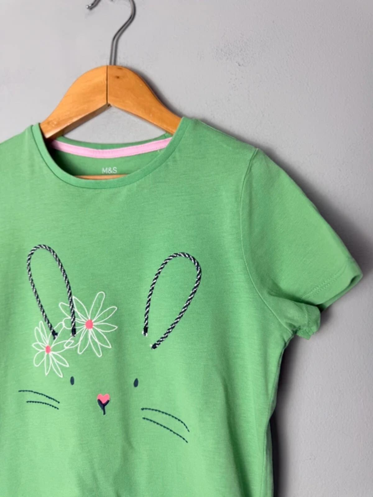 M&S Green Floral Bunny Short Sleeve Summer Top - Girls 6 - 7 Years - Discounted high street clothing for children, ladies and men including everyday wear and seasonal styles. UK online