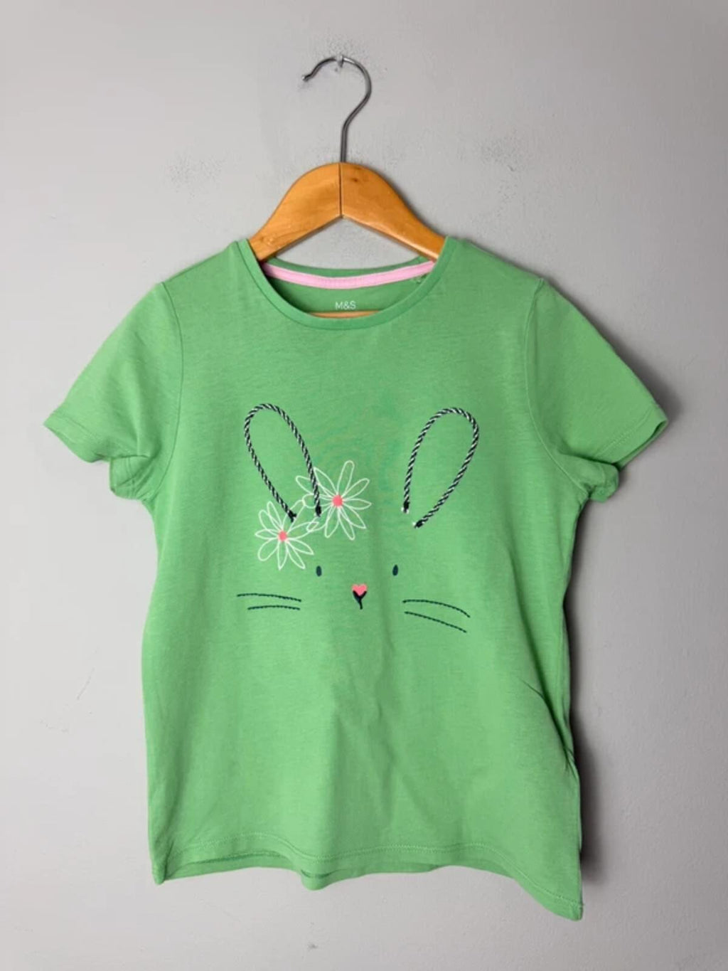 M&S Green Floral Bunny Short Sleeve Summer Top - Girls 6 - 7 Years - Discounted high street clothing for children, ladies and men including everyday wear and seasonal styles. UK online