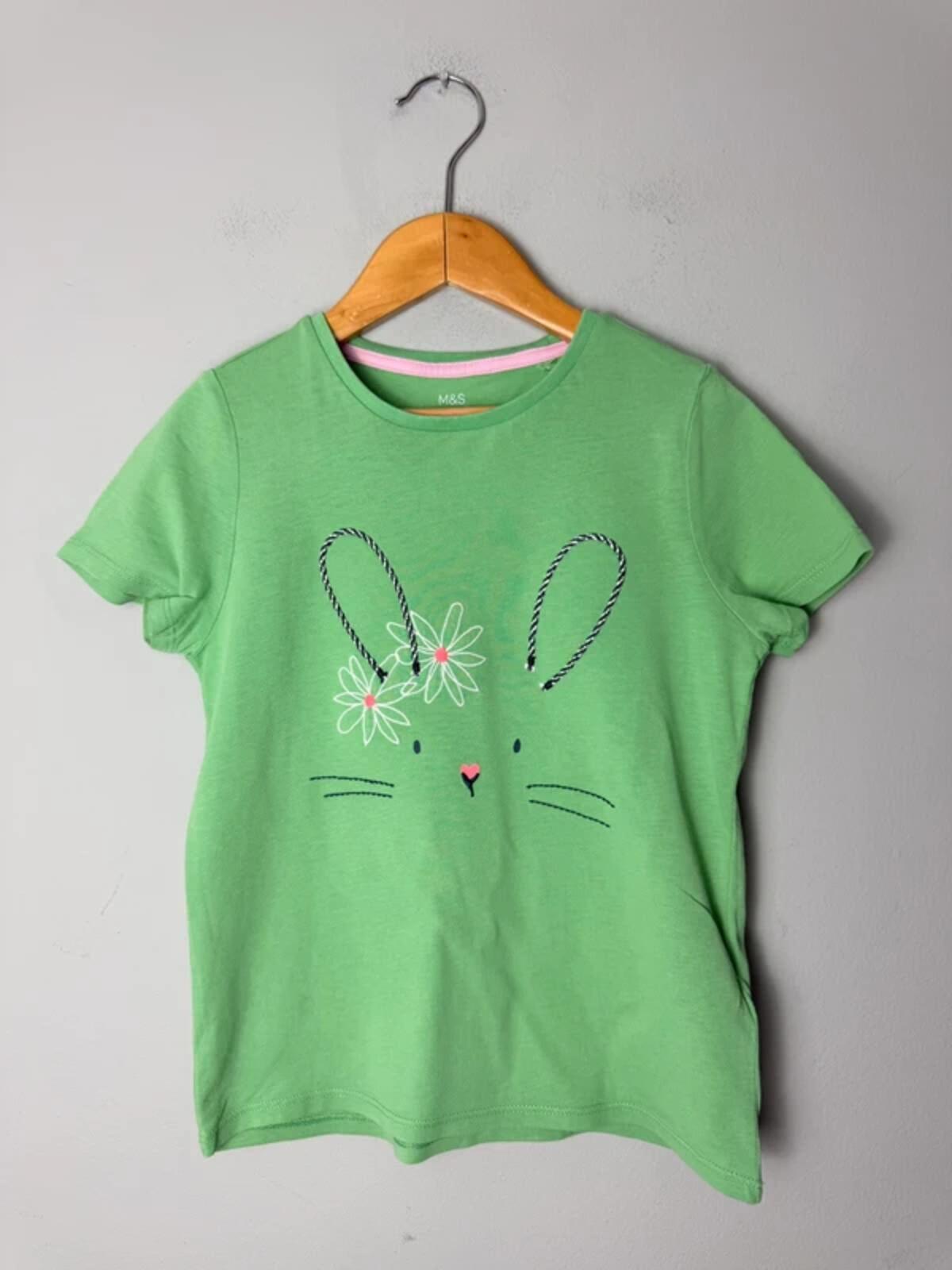 M&S Green Floral Bunny Short Sleeve Summer Top - Girls 6 - 7 Years - Discounted high street clothing for children, ladies and men including everyday wear and seasonal styles. UK online