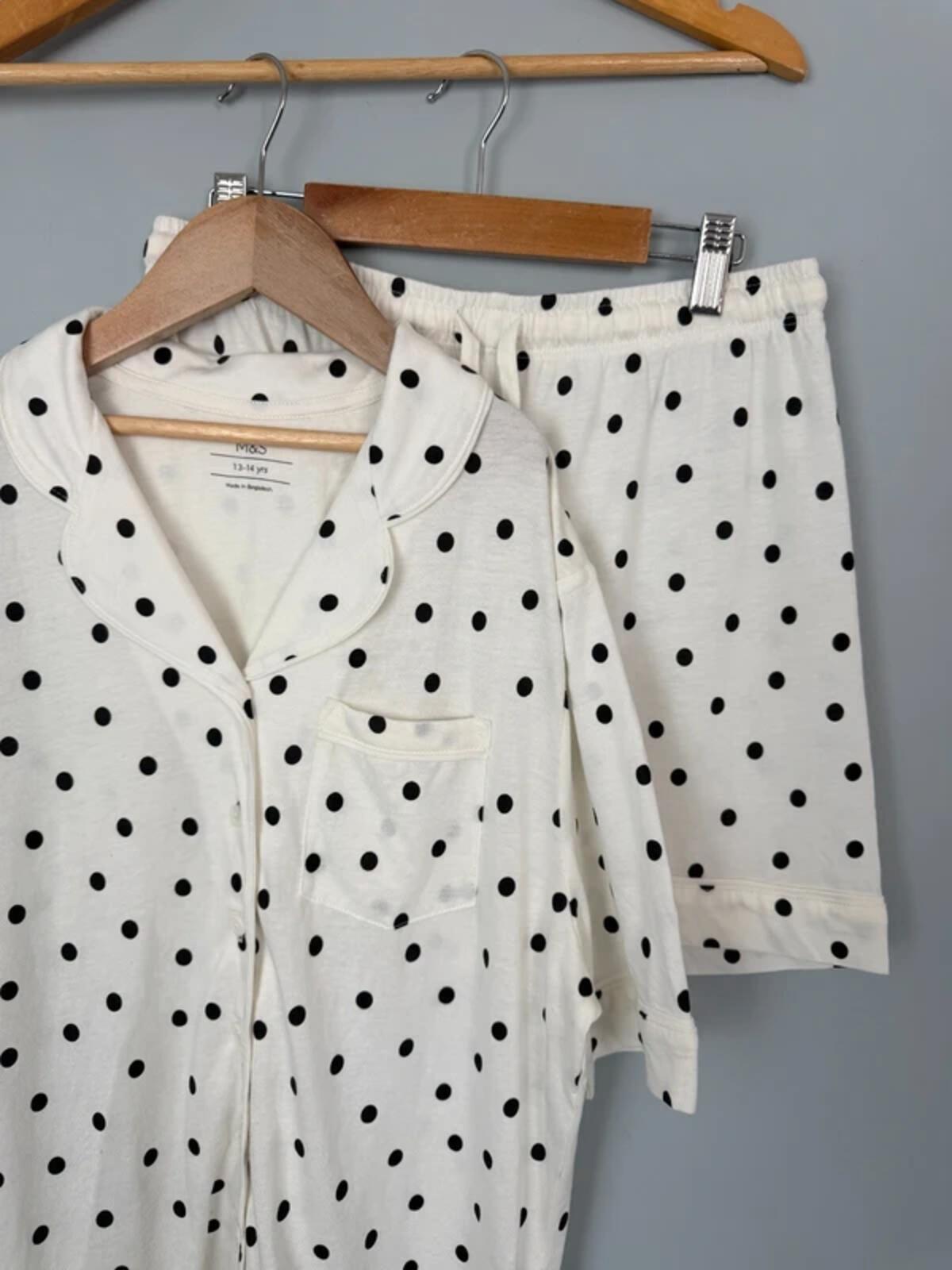 NEW Ex M&S Cream Polka Dot 2 Piece Shortie Pyjama Set - Girls 10 - 11 Years - Discounted high street clothing for children, ladies and men including everyday wear and seasonal styles. UK online