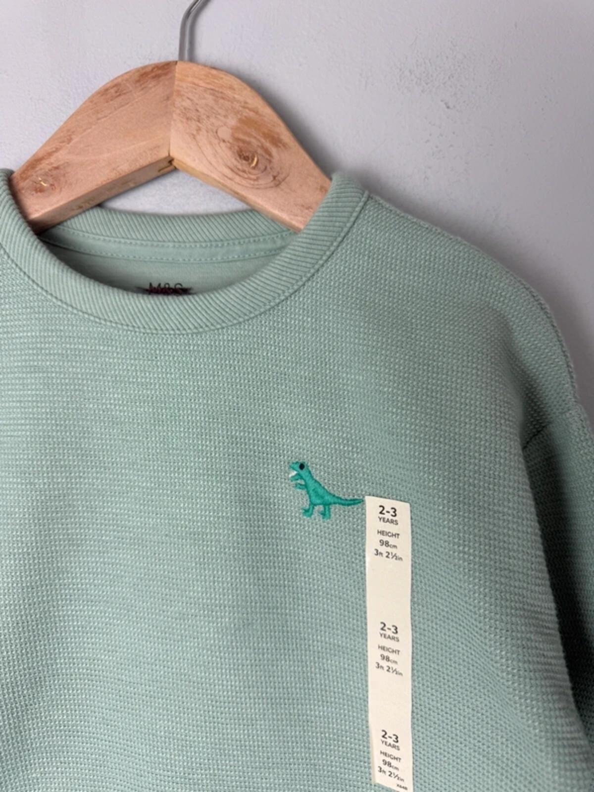 NEW Ex M&S Green Waffle Print Dinosaur Sweater Jumper - Boys 2 - 3 Years - Discounted high street clothing for children, ladies and men including everyday wear and seasonal styles. UK online