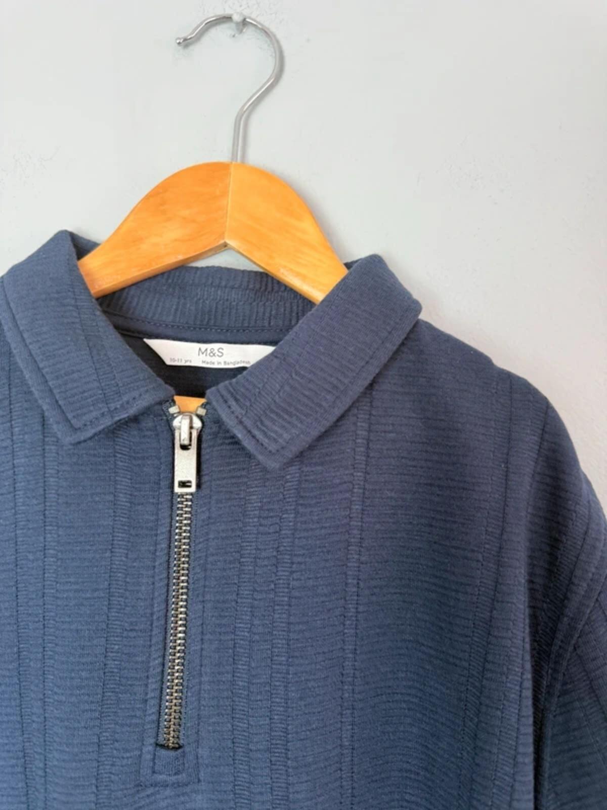 NEW Ex M&S Navy Ribbed Quarter Zip Short Sleeve Polo Shirt - Boys 10 - 11 Years - Discounted high street clothing for children, ladies and men including everyday wear and seasonal styles. UK online