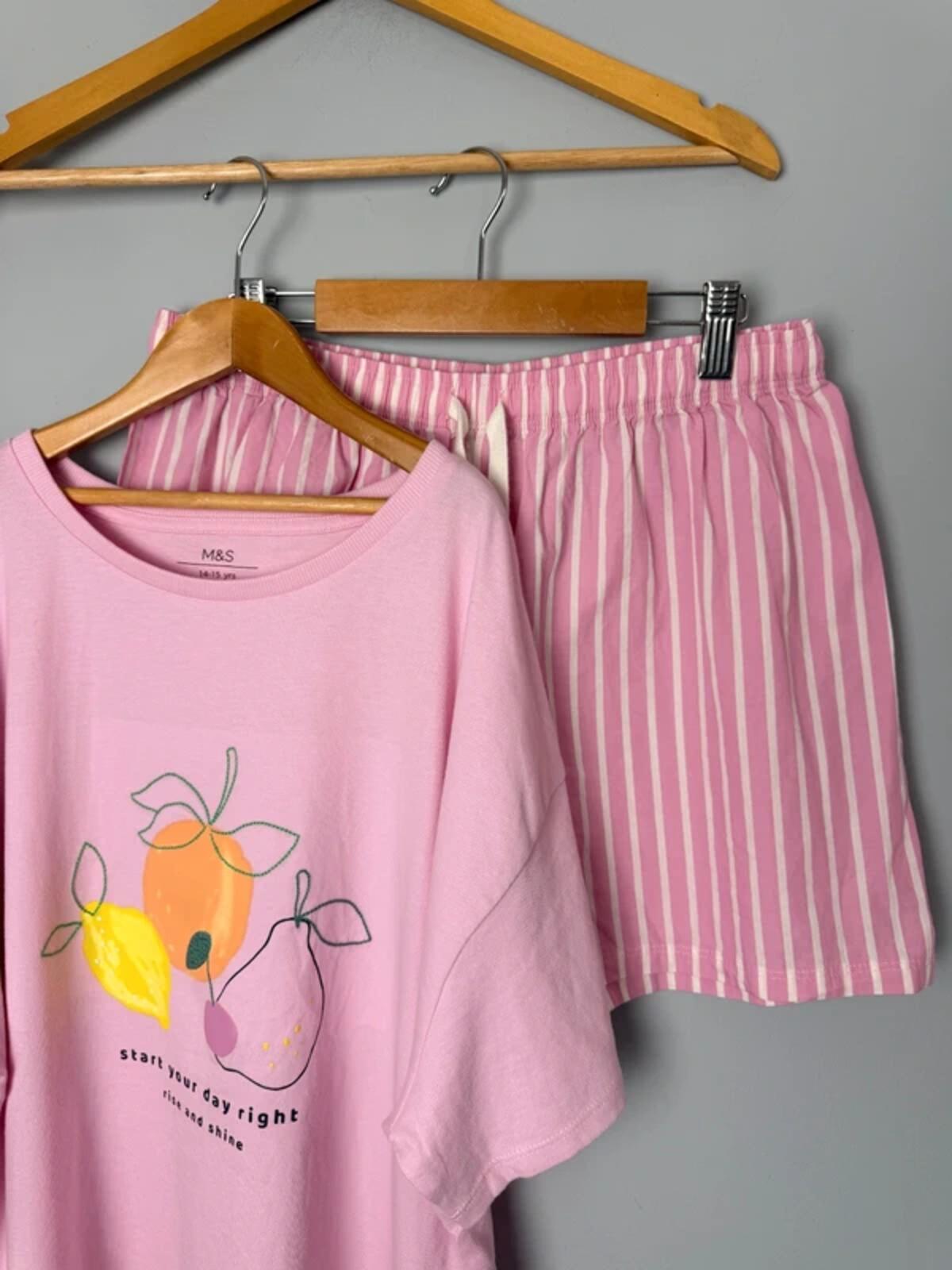 NEW Ex M&S Pink Fruit Lemon Orange 2 Piece Summer Pyjama Set - Girls 14 - 15 Years - Discounted high street clothing for children, ladies and men including everyday wear and seasonal styles. UK online