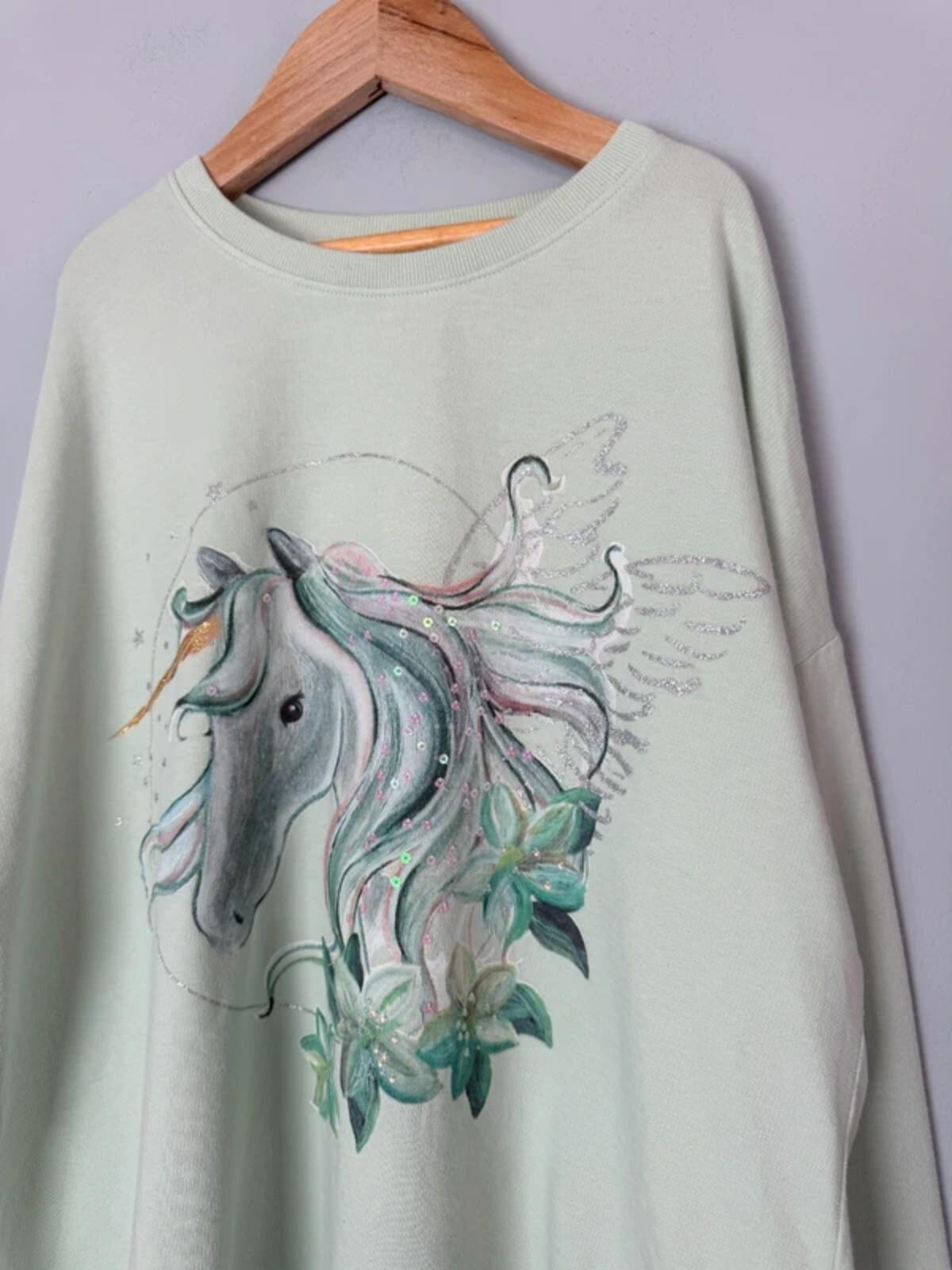 NEW Ex Next Green Unicorn Glitter Lightweight Sweater Jumper - Girls 11 Years - Discounted high street clothing for children, ladies and men including everyday wear and seasonal styles. UK online