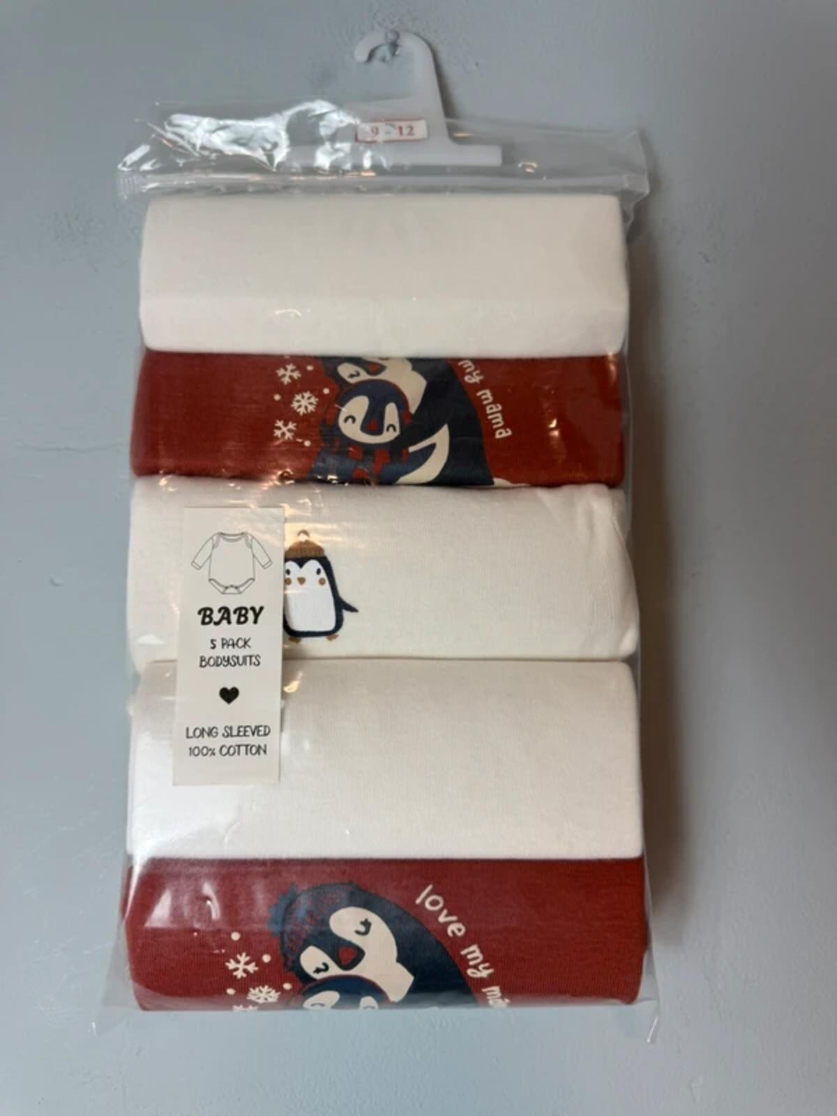 NEW Long Sleeve Penguin Baby Bodysuits - Mixed Brands - Neutral Size 9 - 12 Months - Discounted high street clothing for children, ladies and men including everyday wear and seasonal styles. UK online