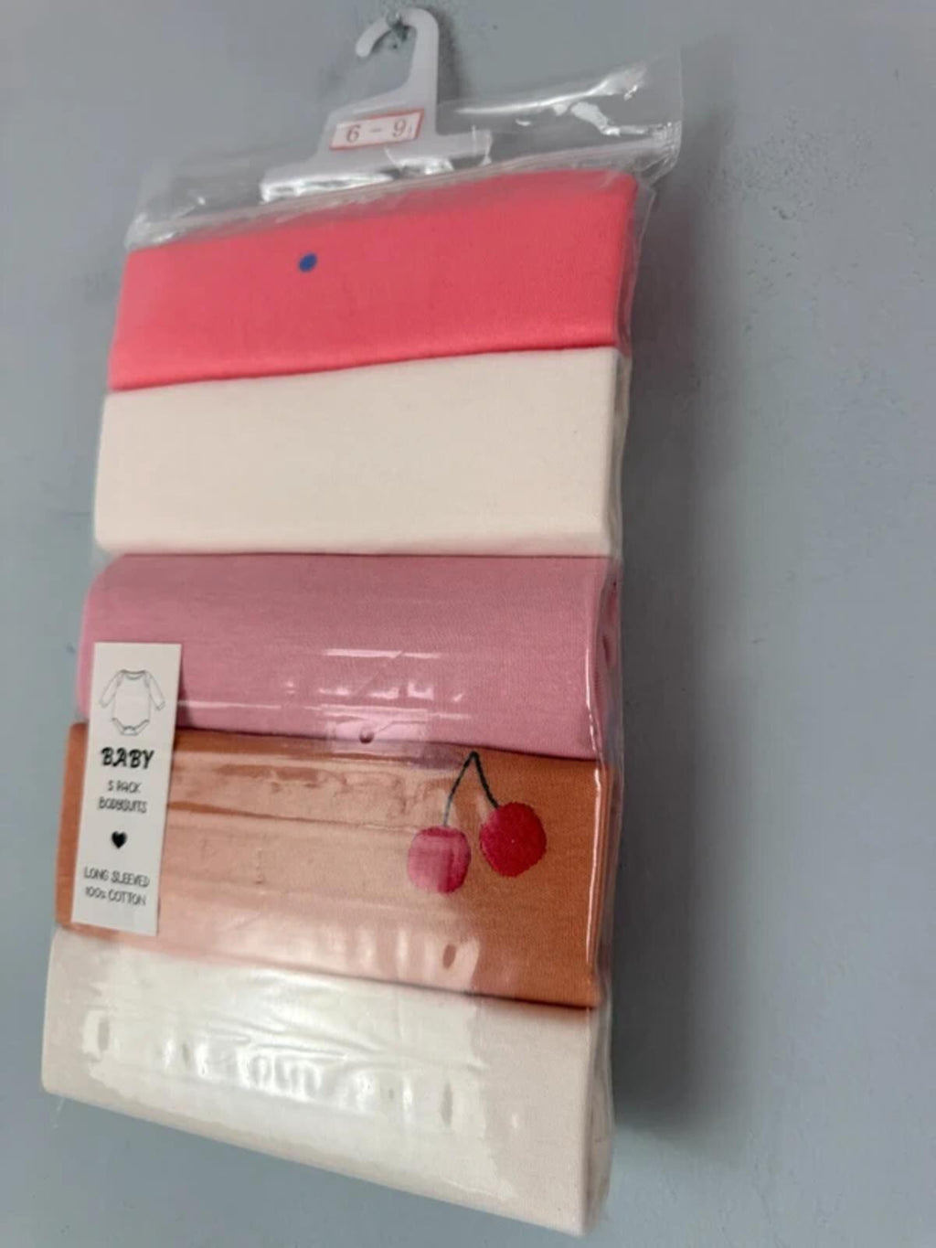 NEW Next Long Sleeve Bodysuits - Pink Cream Cherry - Girls 6 - 9 Months - Discounted high street clothing for children, ladies and men including everyday wear and seasonal styles. UK online