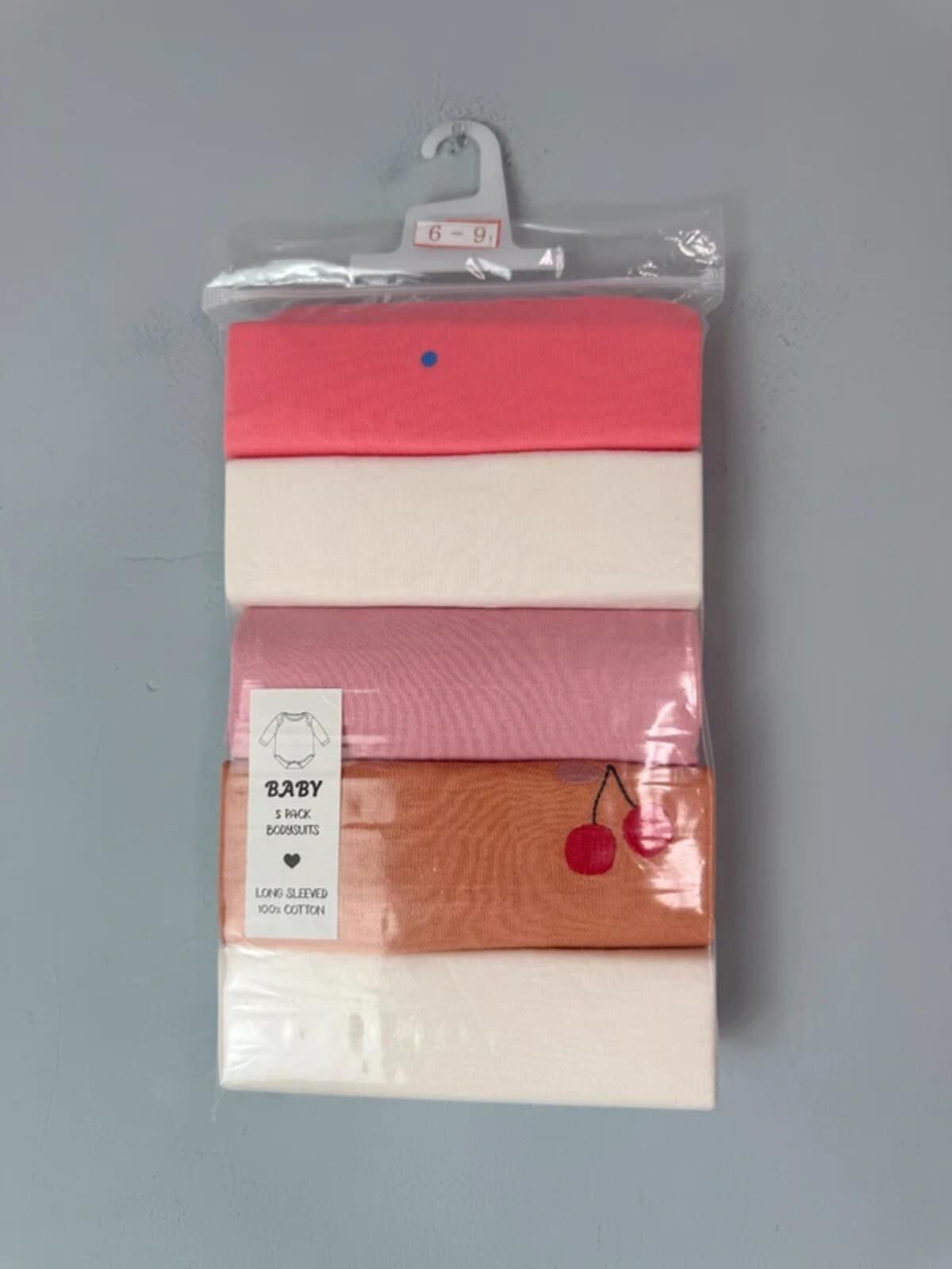 NEW Next Long Sleeve Bodysuits - Pink Cream Cherry - Girls 6 - 9 Months - Discounted high street clothing for children, ladies and men including everyday wear and seasonal styles. UK online