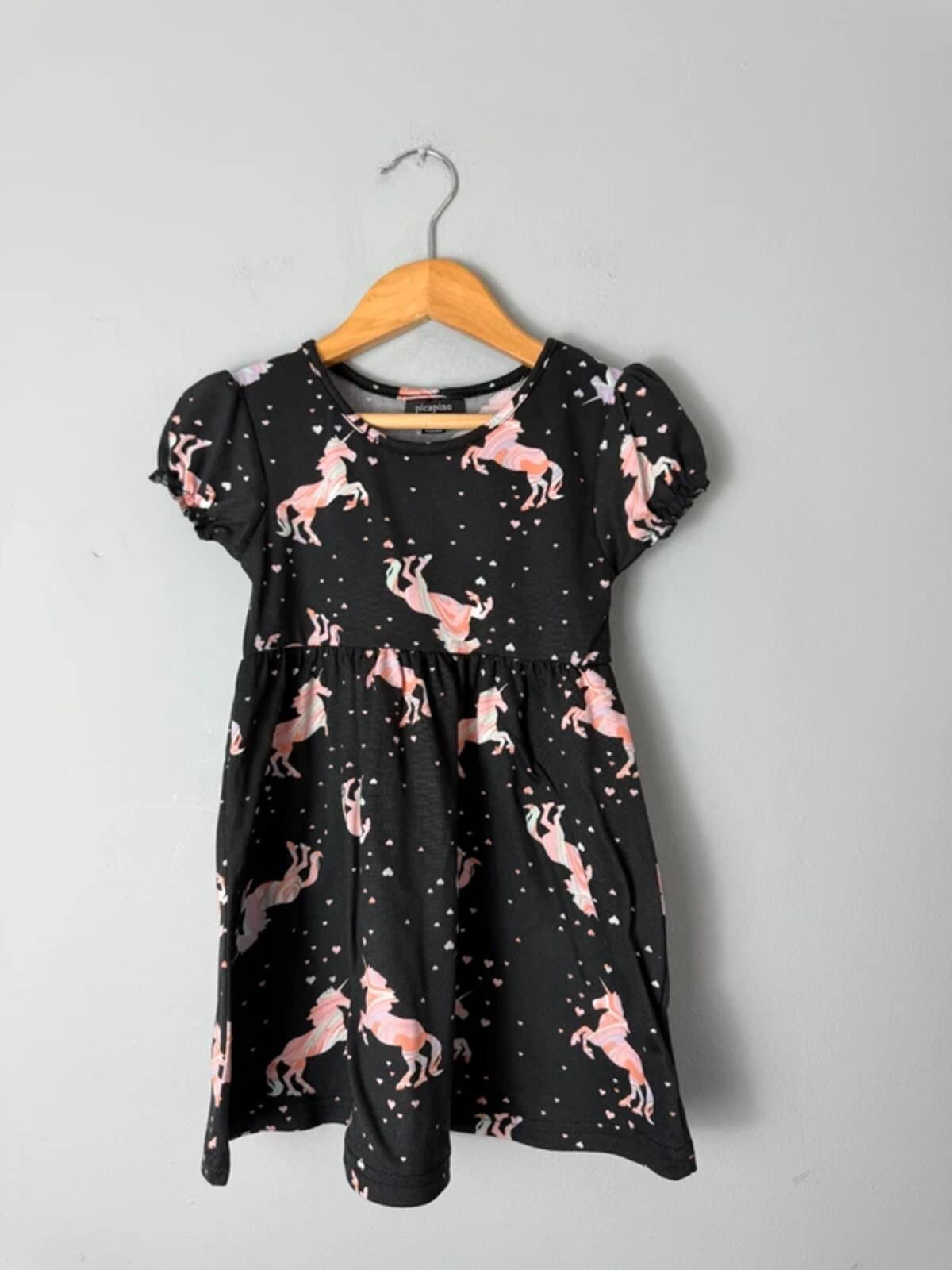 NEW Picapino Black & Pink Unicorn Short Sleeve Dress - Girls 3 Years - Discounted high street clothing for children, ladies and men including everyday wear and seasonal styles. UK online