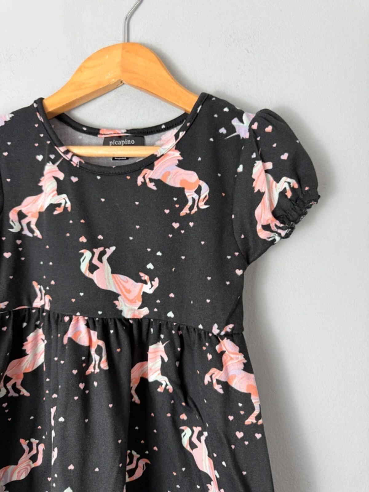NEW Picapino Black & Pink Unicorn Short Sleeve Dress - Girls 3 Years - Discounted high street clothing for children, ladies and men including everyday wear and seasonal styles. UK online