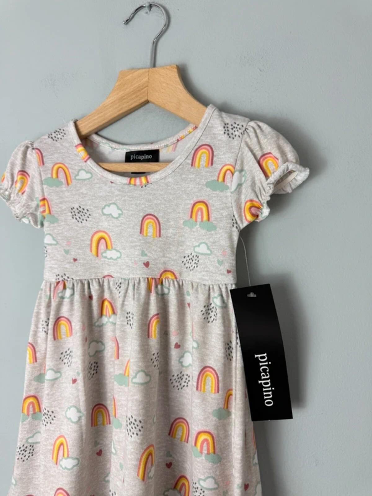 NEW Picapino Grey Rainbow Short Sleeve Dress - Girls 12 Months - Discounted high street clothing for children, ladies and men including everyday wear and seasonal styles. UK online