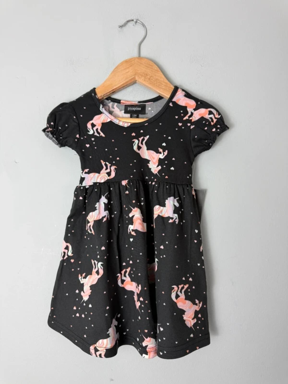 NEW Picapino Pink & Black Unicorn Short Sleeve Dress - Girls 12 Months - Discounted high street clothing for children, ladies and men including everyday wear and seasonal styles. UK online