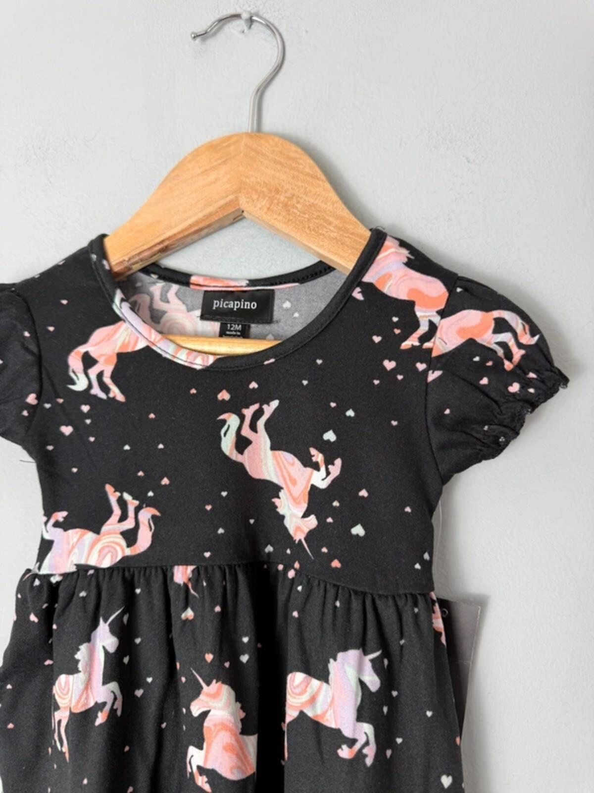 NEW Picapino Pink & Black Unicorn Short Sleeve Dress - Girls 12 Months - Discounted high street clothing for children, ladies and men including everyday wear and seasonal styles. UK online