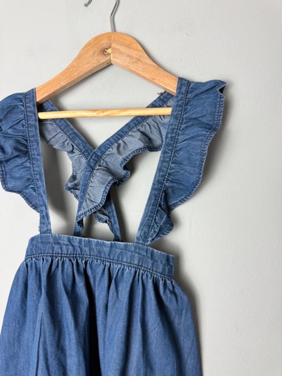 Next Blue Denim Pinafore Skirt Dress with Ruffle Straps - Girls 2 - 3 Years 98cm - Discounted high street clothing for children, ladies and men including everyday wear and seasonal styles. UK online