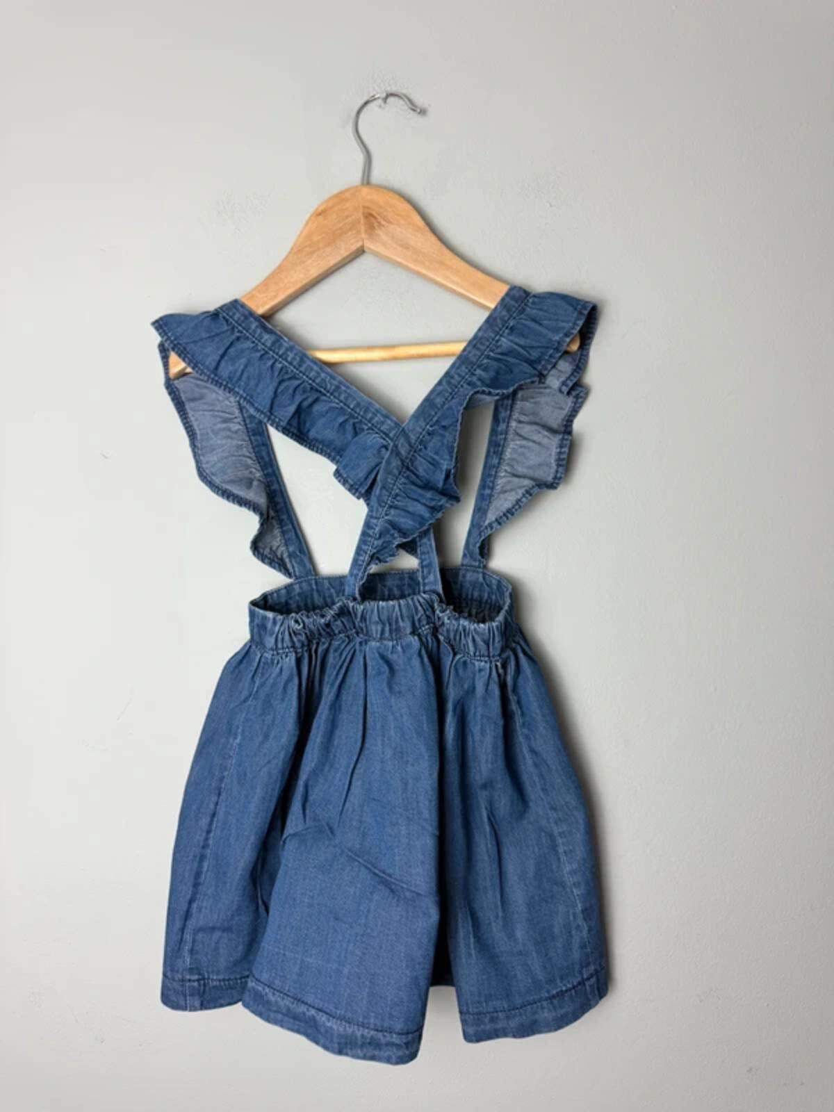 Next Blue Denim Pinafore Skirt Dress with Ruffle Straps - Girls 2 - 3 Years 98cm - Discounted high street clothing for children, ladies and men including everyday wear and seasonal styles. UK online