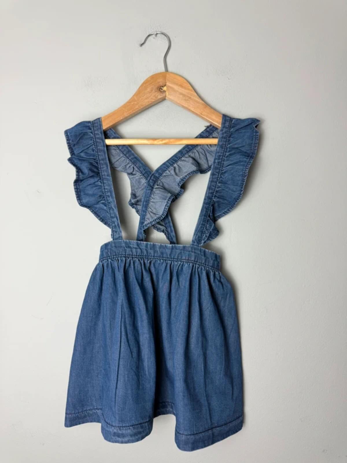 Next Blue Denim Pinafore Skirt Dress with Ruffle Straps - Girls 2 - 3 Years 98cm - Discounted high street clothing for children, ladies and men including everyday wear and seasonal styles. UK online