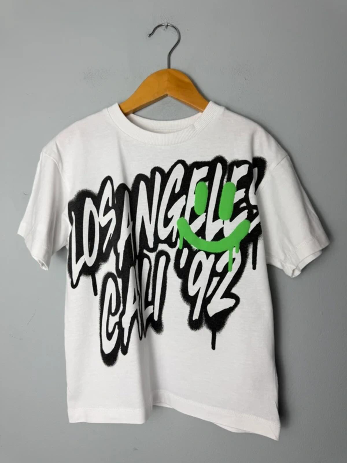 NEXT White Black Green Los Angeles Cali 92 Graffiti Short Sleeve Top - Boys 4 Years - Discounted high street clothing for children, ladies and men including everyday wear and seasonal styles. UK online
