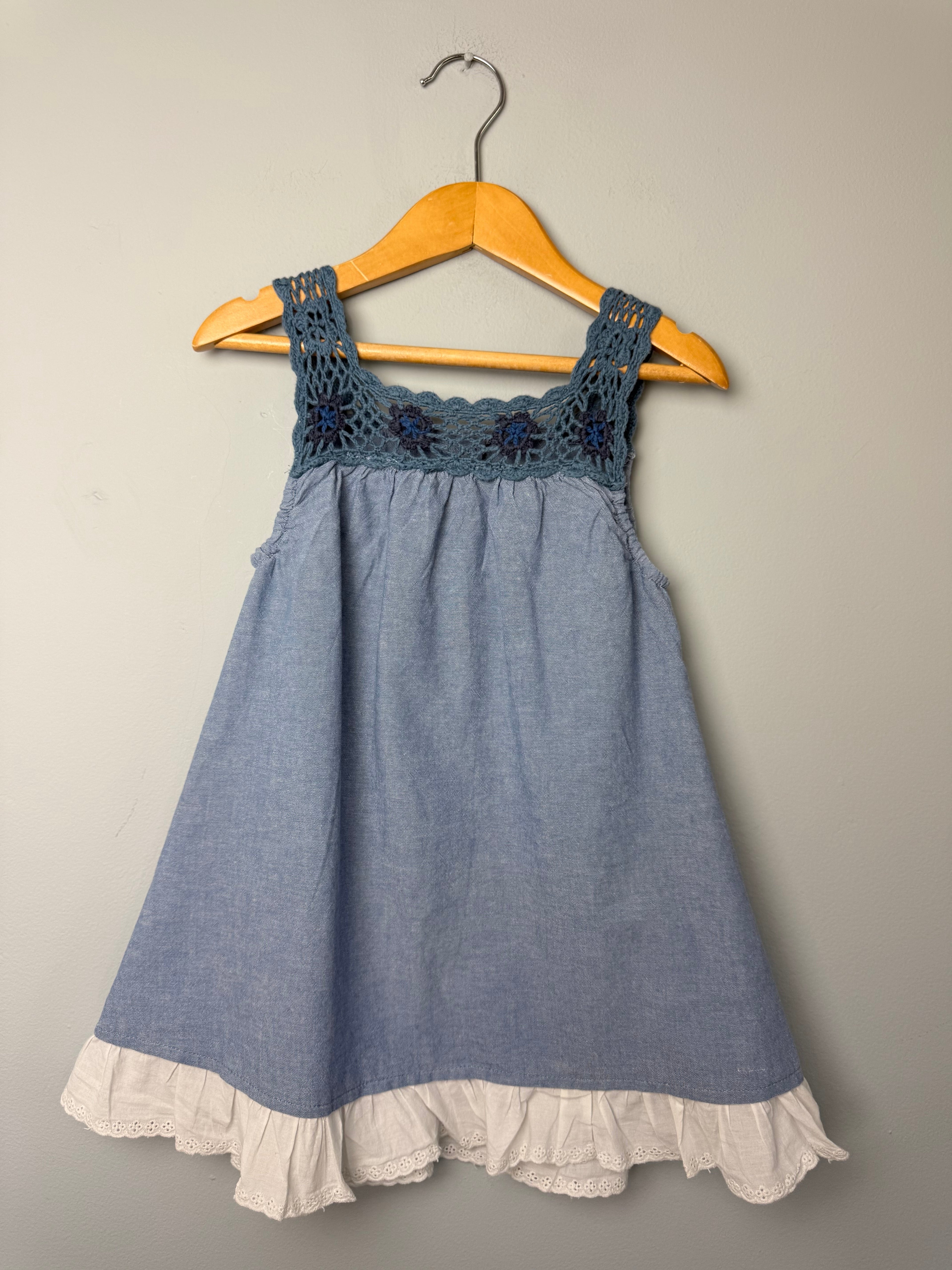 Vertbaudet Denim Crochet Dress - Girls 2 Years - Discounted high street clothing for children, ladies and men including everyday wear and seasonal styles. UK online