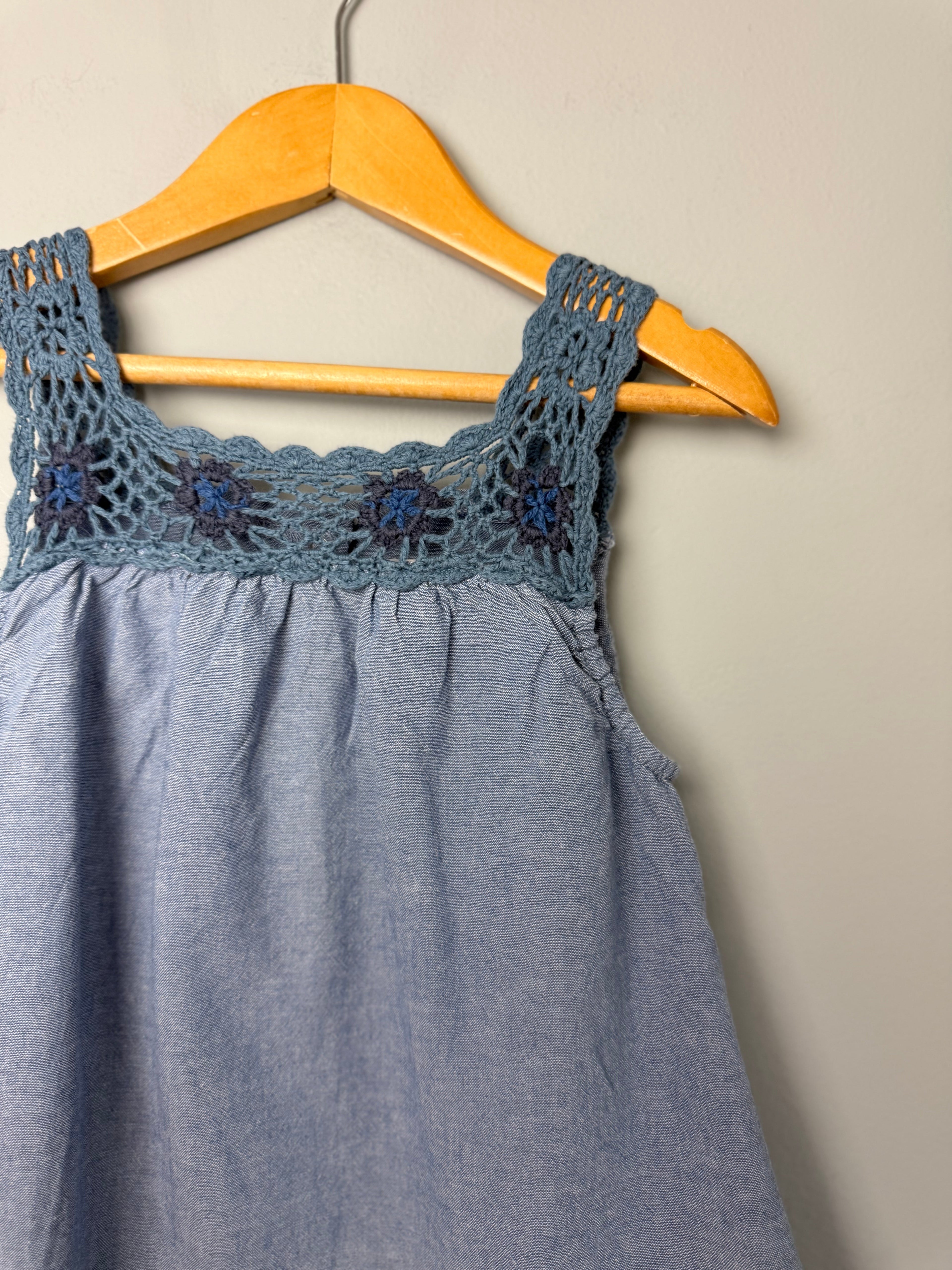Vertbaudet Denim Crochet Dress - Girls 2 Years - Discounted high street clothing for children, ladies and men including everyday wear and seasonal styles. UK online